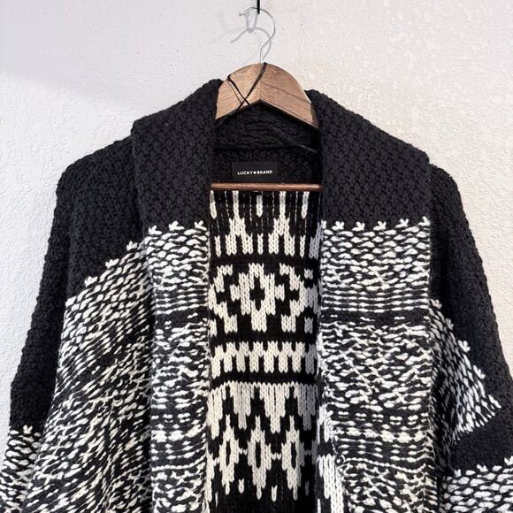 Lucky Brand Fair Isle Sweater Coat Shawl Collar Open Front Black Plus Size XXL - Picture 4 of 10